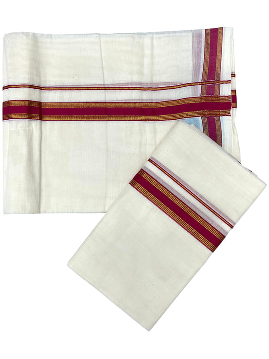 Southloom Pure Cotton Kerala Single Set Mundu (Mundum Neriyathum) with Magenta Kasavu Border in 2.80 Mtrs