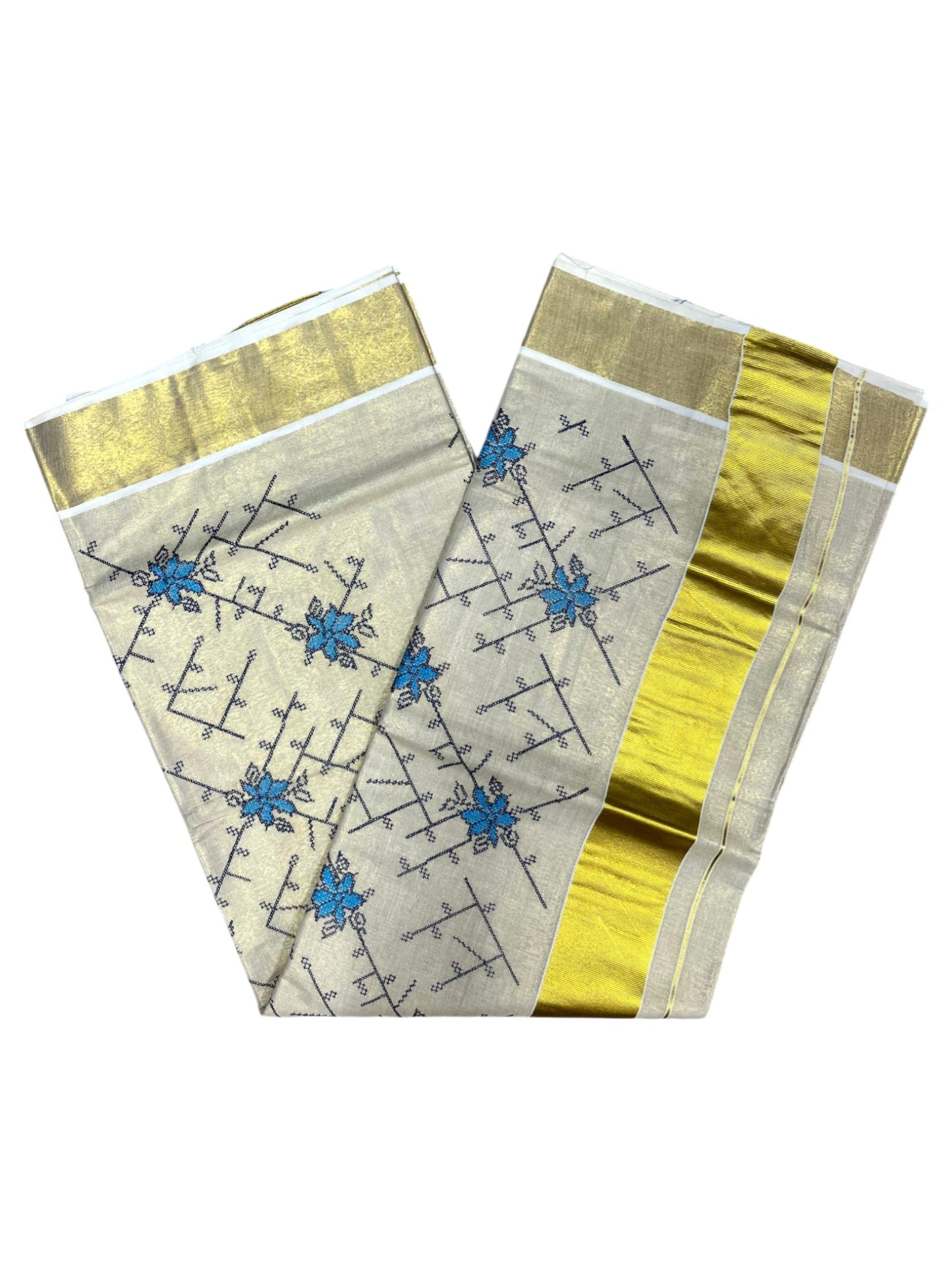 Southloom Tissue Kerala Kasavu Saree with Floral Embroidery Work on Body in Blue