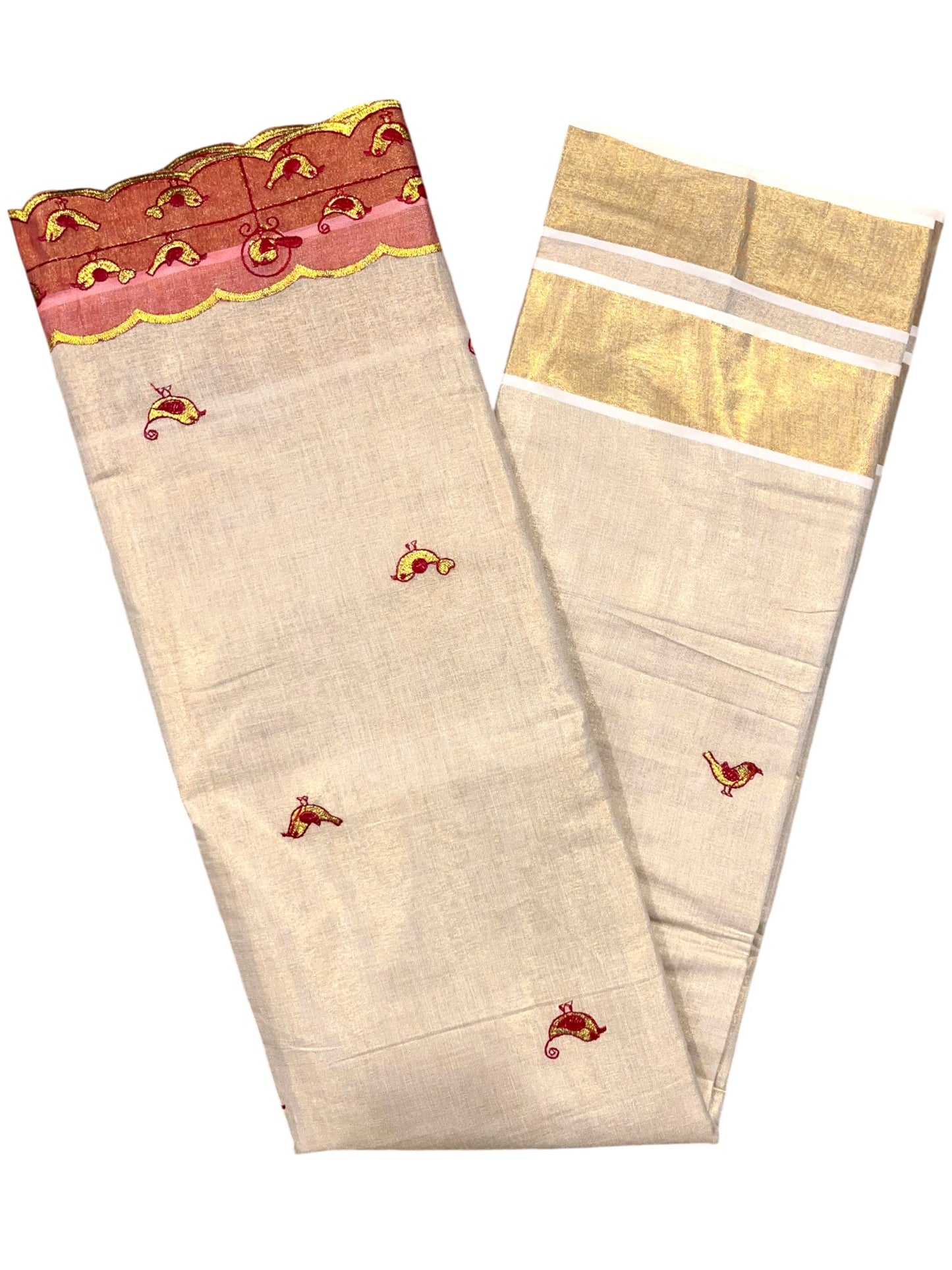Southloom Tissue Kerala Kasavu Saree with Embroidery Design