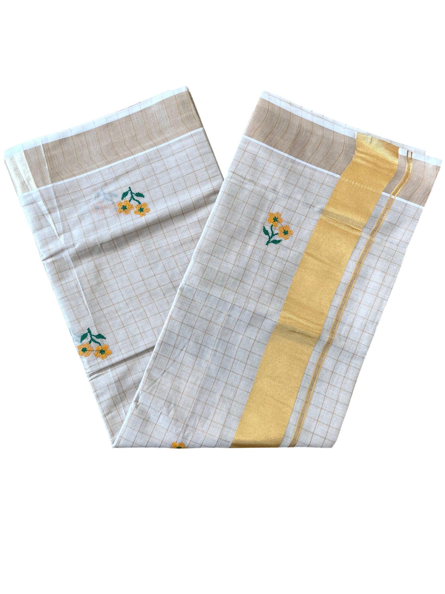 Southloom Kerala Tissue Kasavu Check Saree With Floral Embroidery Work