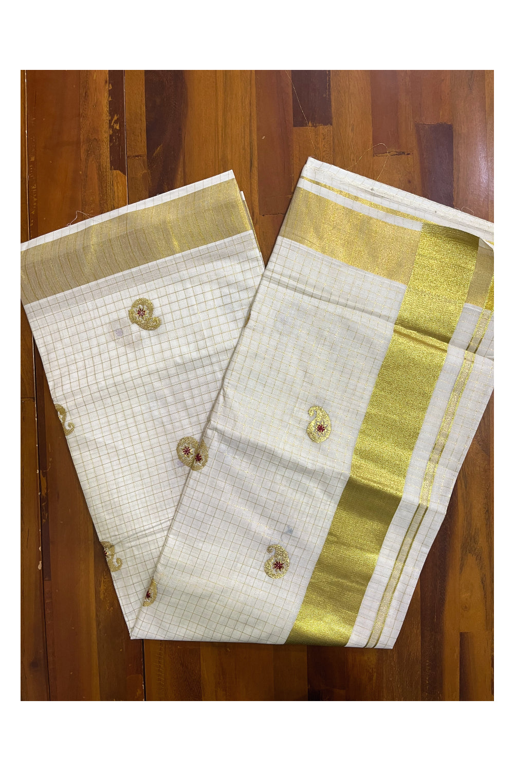 Kerala Cotton Saree with Kasavu Checks and Red Paisley Woven Designs on Body