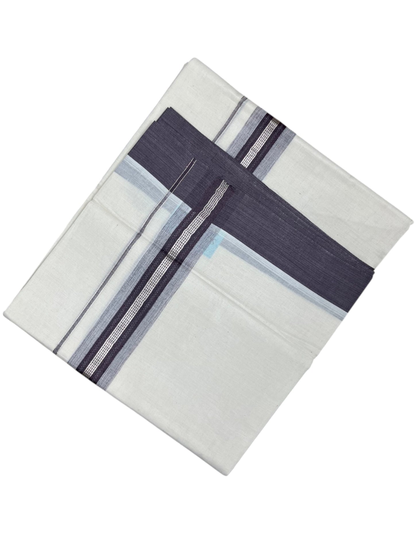 Southloom Kerala Pure Cotton Double Mundu with Silver Lines and Puple Border with (South Indian Dhoti)