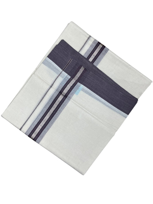 Southloom Kerala Pure Cotton Double Mundu with Silver Lines and Puple Border with (South Indian Dhoti)