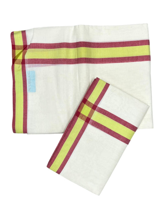 Southloom Pure Cotton Kerala Single Set Mundu (Mundum Neriyathum) Red & Yellow Border