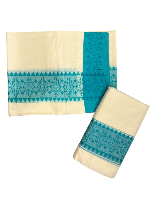 Kerala Cotton Single Set Mundu (Mundum Neriyathum) with Blue Temple Block printed Border 2.80 mtr