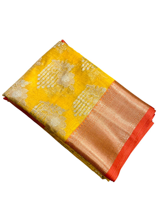 Southloom Tissue Banarasi Silk Saree with Woven Work on Body and Borders (Yellow)