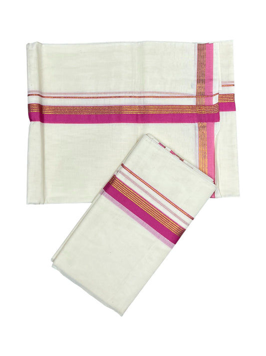 Pure Cotton Kerala Single Set Mundu (Mundum Neriyathum) with Pink Kasavu Border