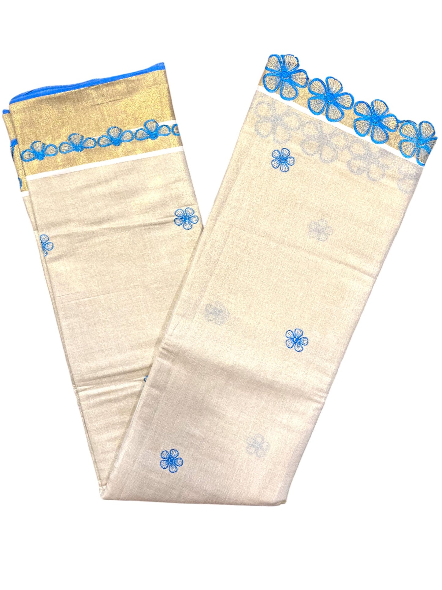 Southloom Kerala Tissue Kasavu Saree with Blue Floral Embroidery on Body and  Border