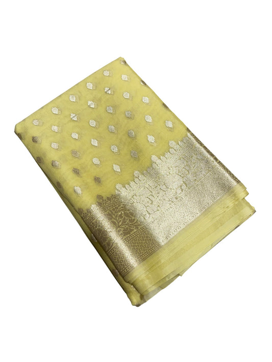 Southloom Cotton Banarasi Silk Saree with Woven Work on Body and Borders (Yellow)