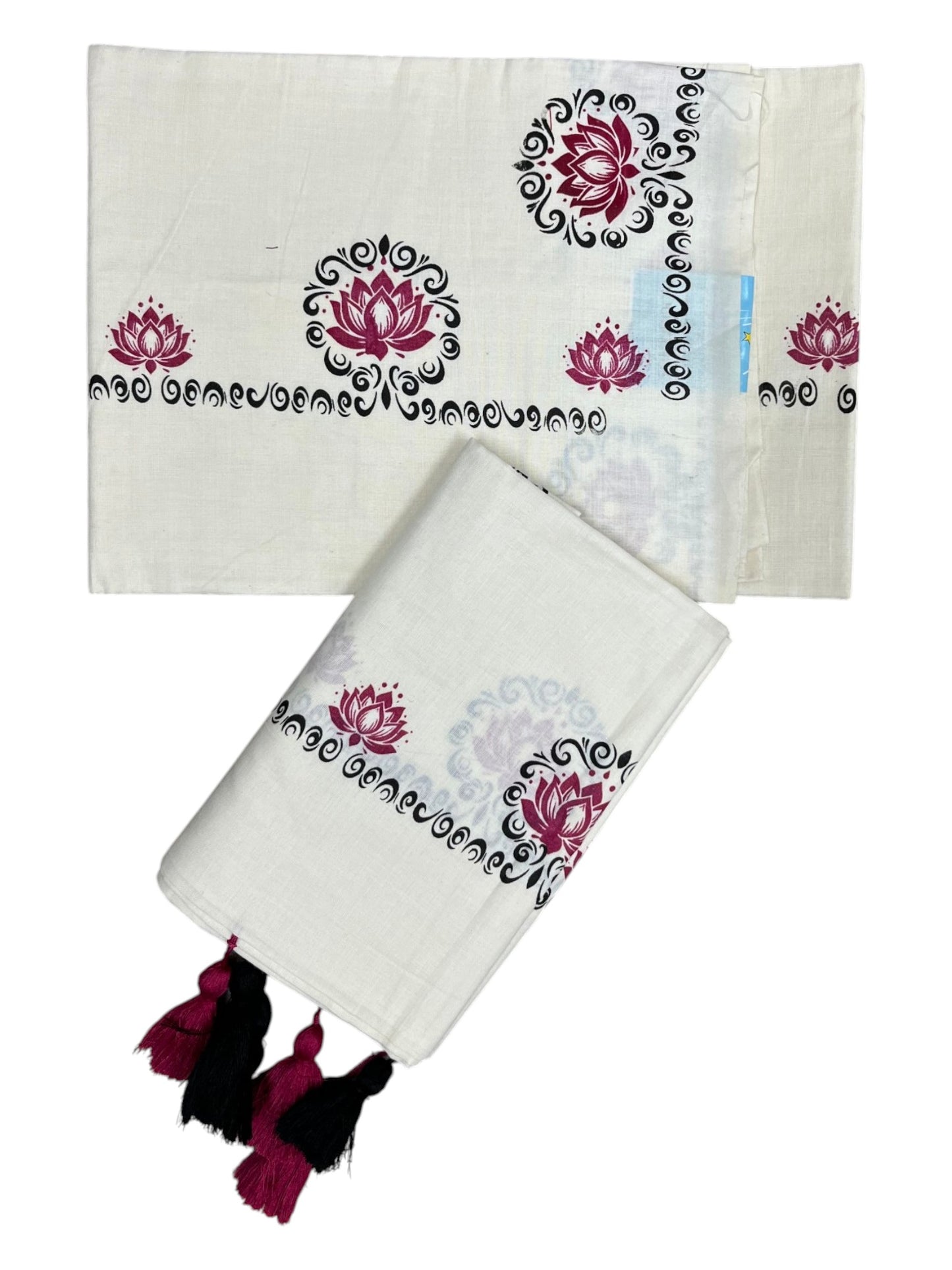Southloom Kerala Cotton Single Set Mundu (Mundum Neriyathum) with Magenta & Black Lotus Block Printed Design