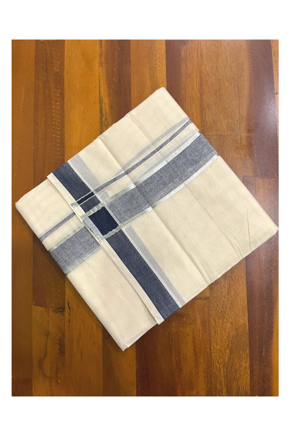 Kerala Pure Cotton Double Mundu with Dark Blue and Silver Kasavu Border (South Indian Kerala Dhoti)