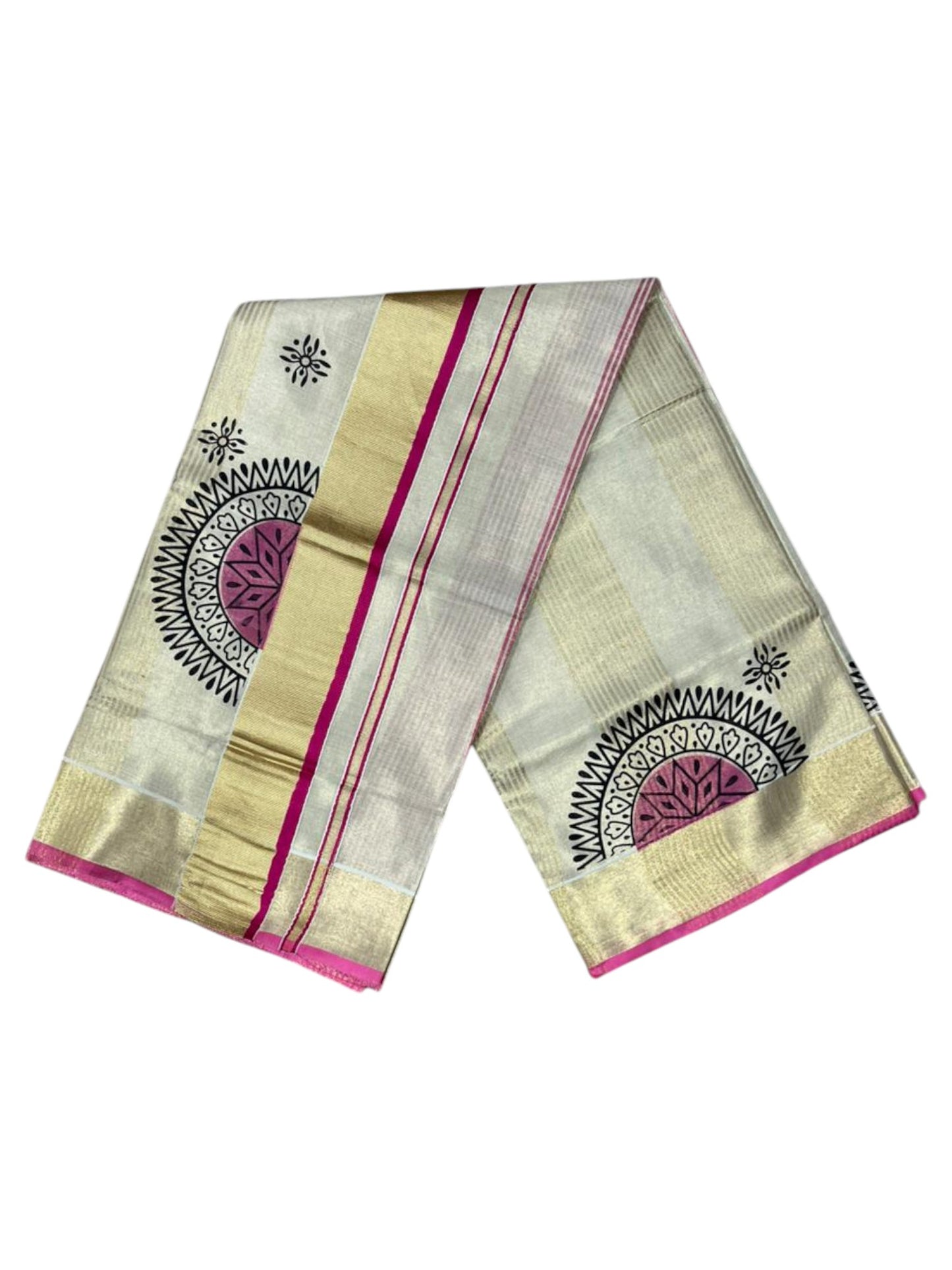 Southloom Tissue Kerala Kasavu Saree with Block Print on Body and Borders in Pink