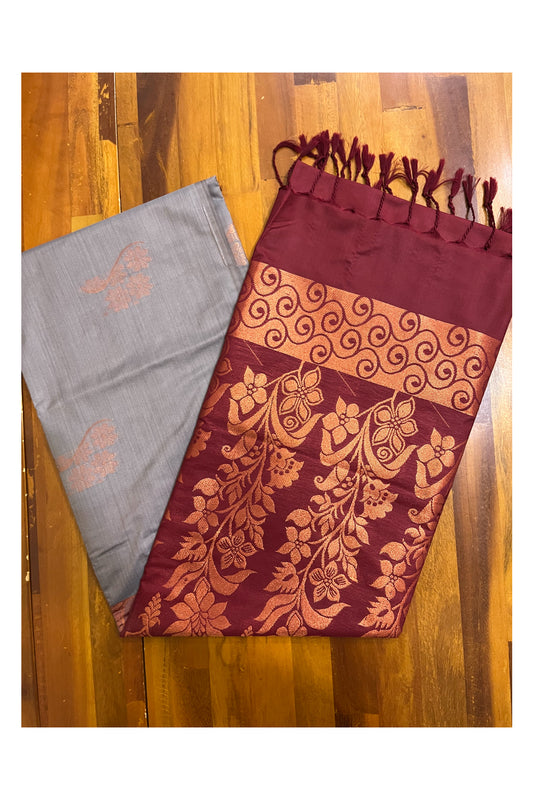 Southloom Soft Silk Gray Designer Woven Saree with Maroon Heavy Work on Pallu