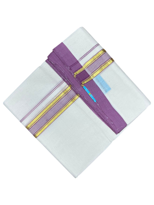 Southloom Balaramapuram Premium Handloom Cotton Double Mundu with Gold Kasavu and Pink Border