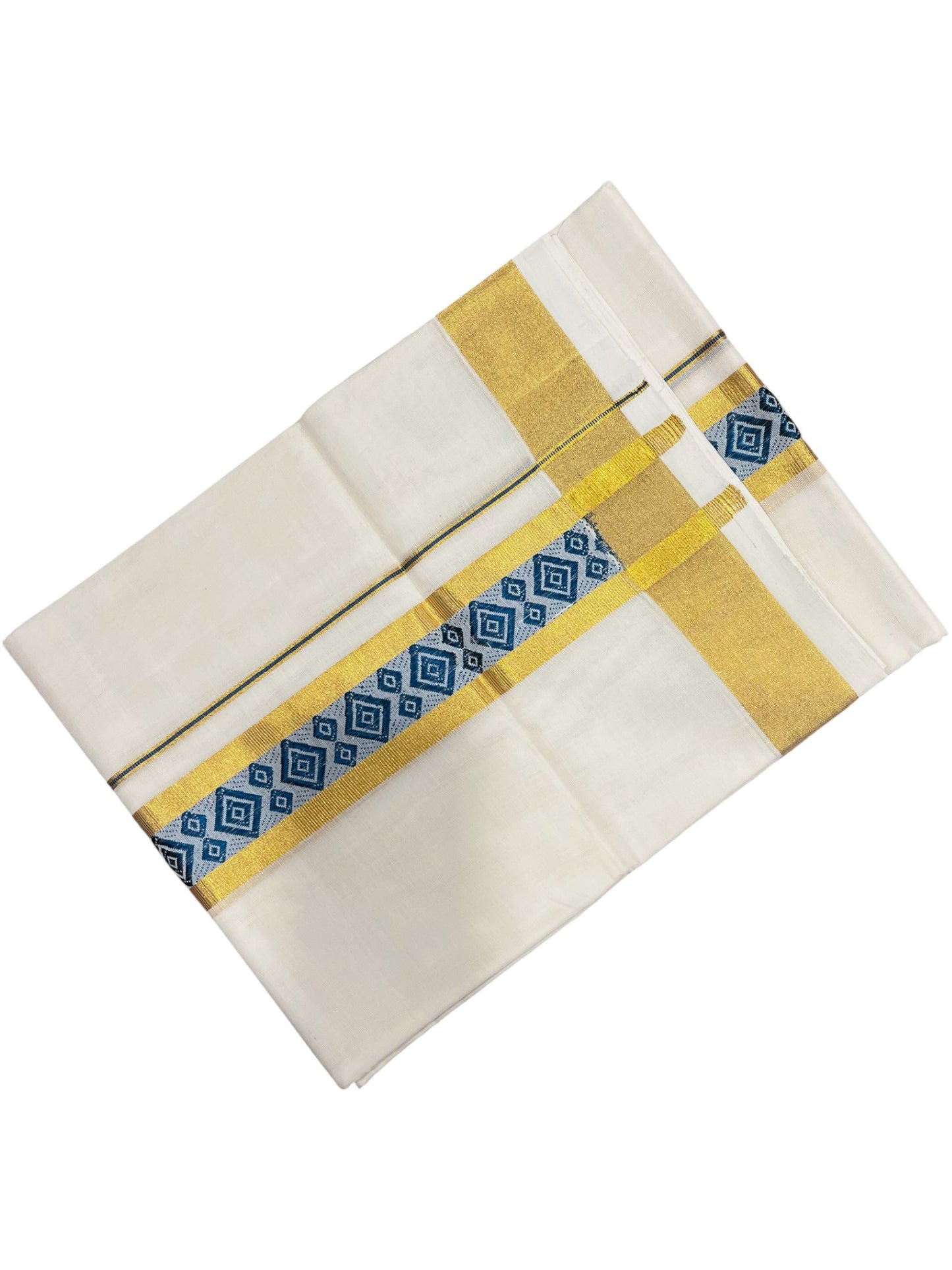 Southloom Premium Handloom Cotton Double Mundu with Gold And Blue Woven Work Kasavu Border