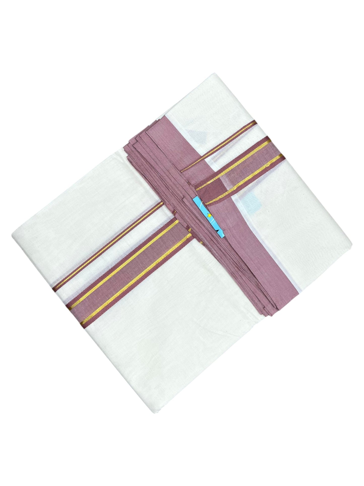 Southloom Pure Cotton Mundu with Gold Lines and Light Brown Border (South Indian Kerala Dhoti)