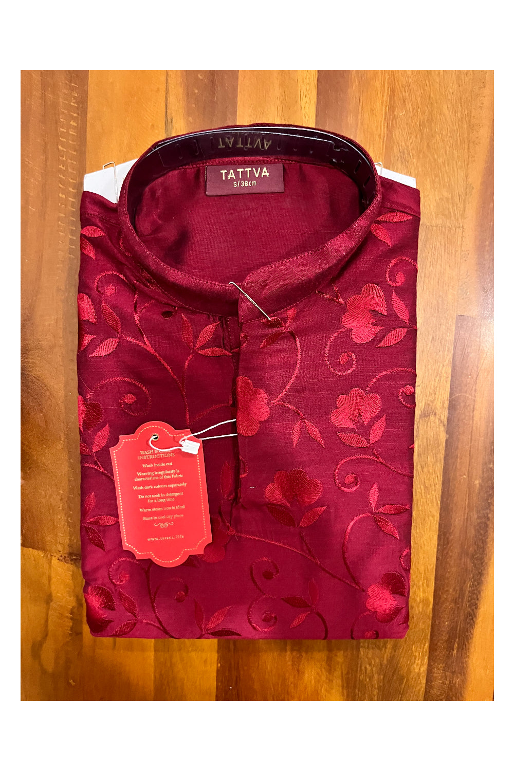 Southloom Maroon Woven Works Semi Silk Short Kurta for Men