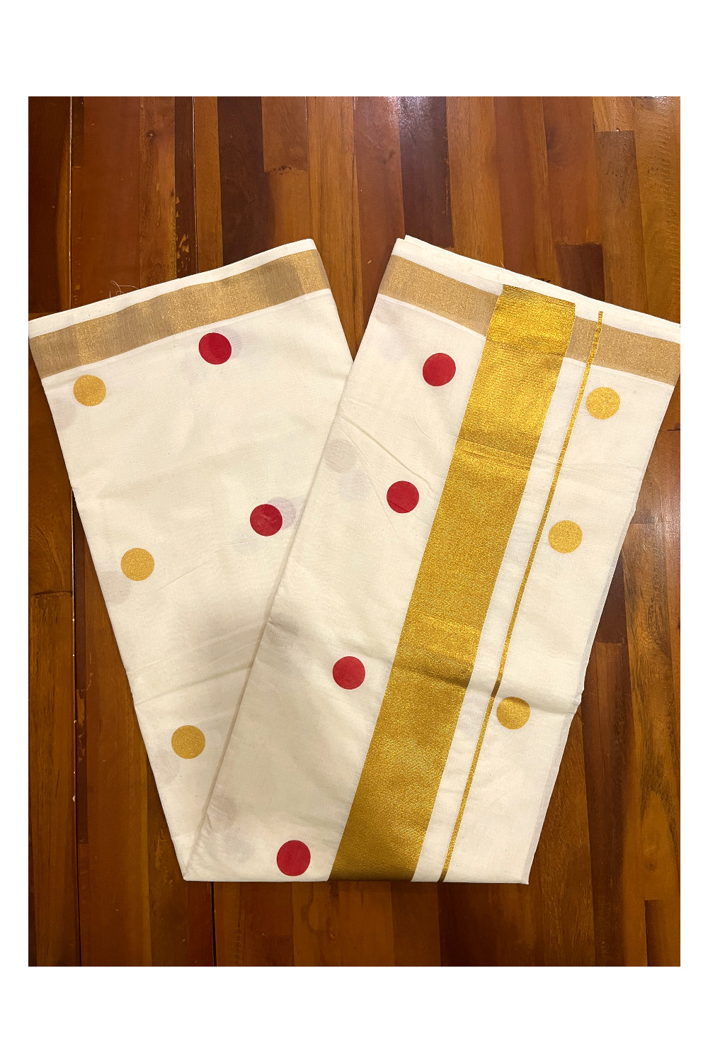 Pure Cotton Off White Kerala Kasavu Saree with Red and Golden Polka Block Printed Design