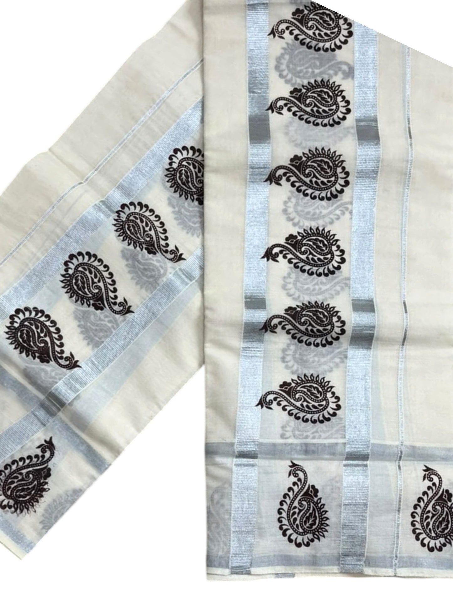 Southloom Kerala Pure Cotton Set Mundu Single (Mundum Neriyathum) with Silver & Black Border in 2.80 Mtrs SL570
