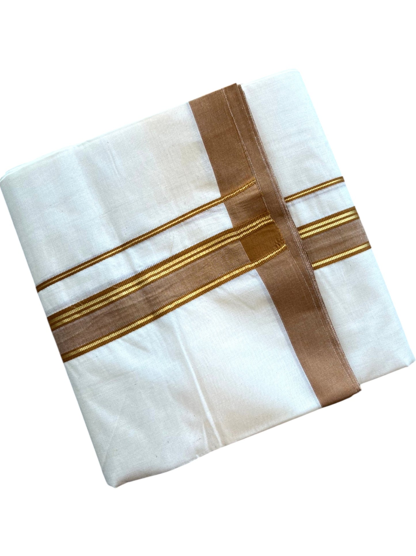 Southloom Pure Cotton Mundu with Golden Lines and Brown Border (South Indian Kerala Dhoti)