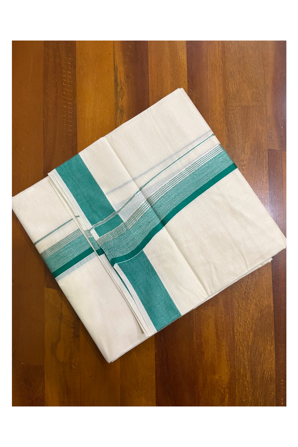 Kerala Pure Cotton Double Mundu with Green and Silver Kasavu Line Border (South Indian Kerala Dhoti)