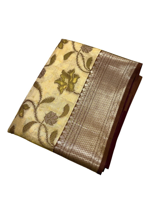 Southloom Tissue Silk Saree with Woven Work on Body and Borders (Yellow & Brown)