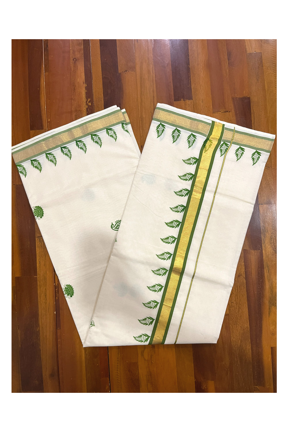 Pure Cotton Kerala Kasavu Saree with Green Floral Block Printed Design