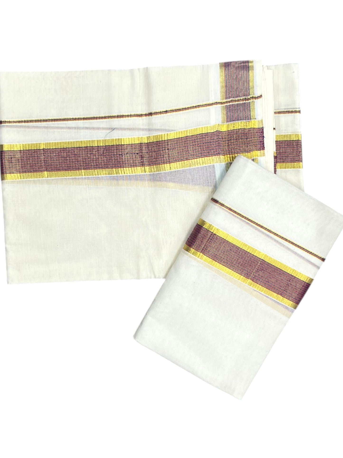 Kerala Cotton Set Mundu (Mundum Neriyathum) with Kasavu and Blue & Pink Lines Border 2.80 Mtrs SLKK SL470