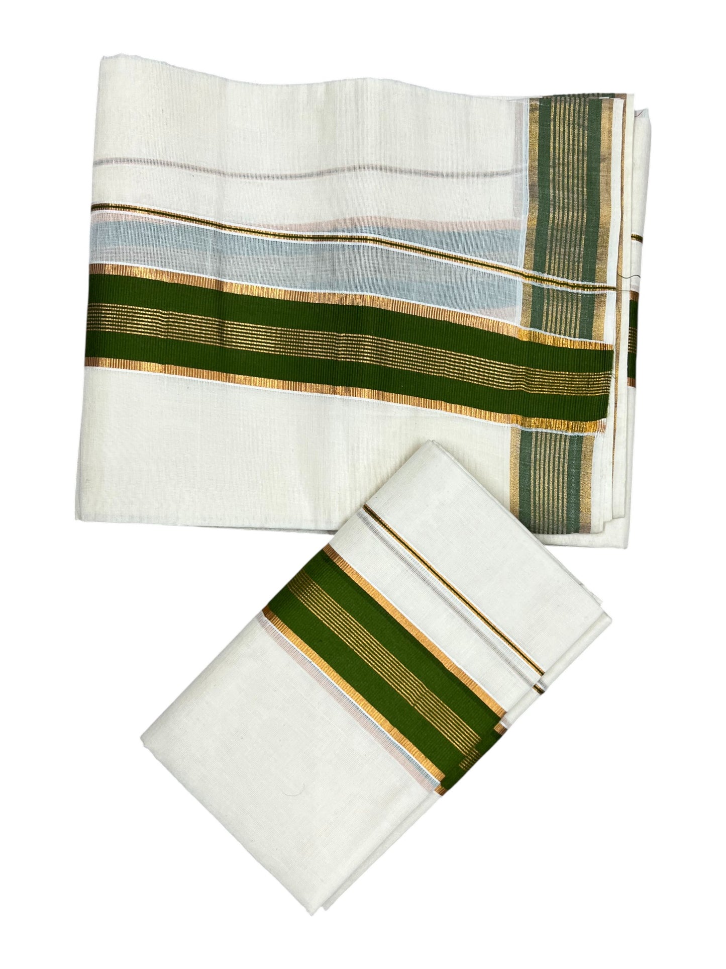 Kerala Cotton Kasavu  Set Mundu (Mundum Neriyathum) with Green Border in 2.80 Mtrs