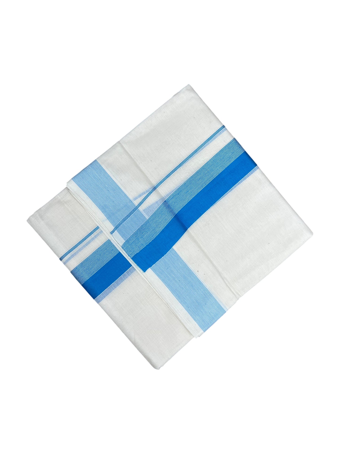 Southloom Kerala Pure Cotton Double Mundu with BLue Lines And Blue Border (South Indian Kerala Dhoti)