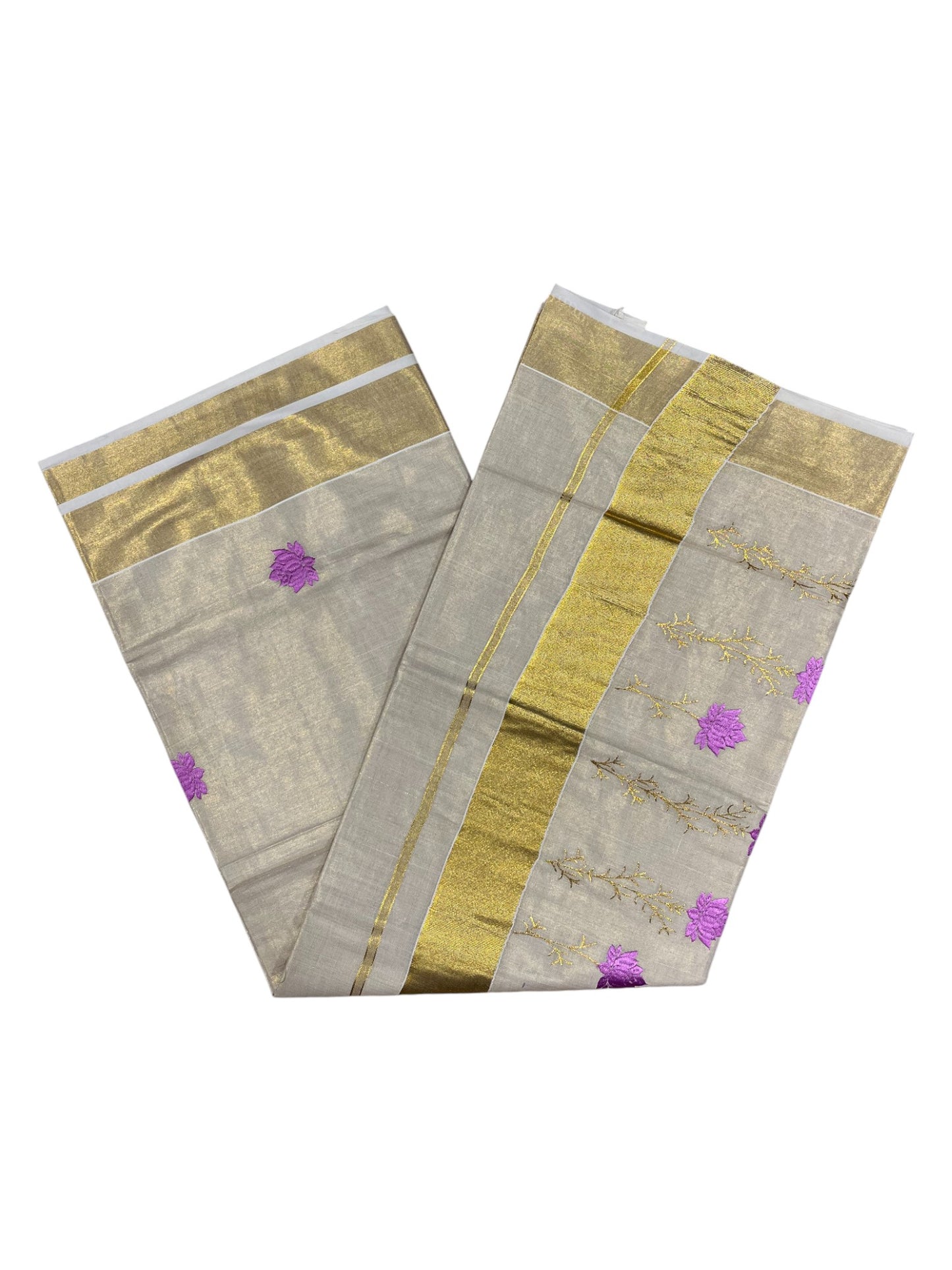 Southloom Kerala Tissue Kasavu Saree with Pink Floral Print on Body and Border