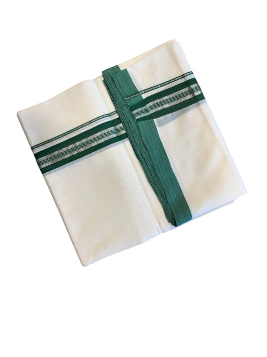 Southloom Premium Handloom Cotton Double Mundu with Green And Silver Line Border