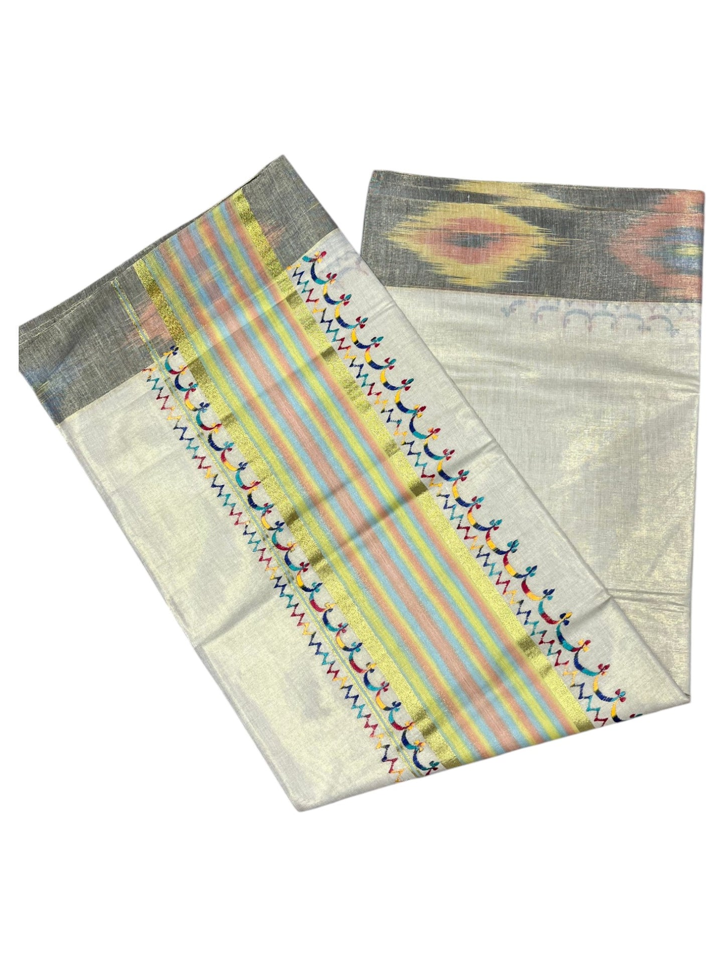 Southloom Kerala Tissue Kasavu Saree with Multi Colour Pochampally Design on Borders and Kara