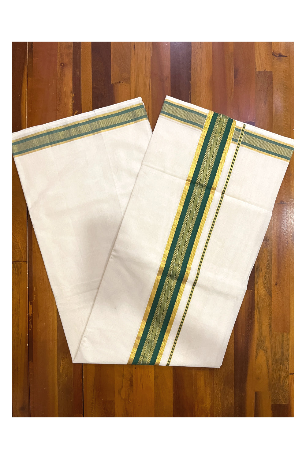 Southloom™ Premium Handloom Kerala Saree with Green and Kasavu Border