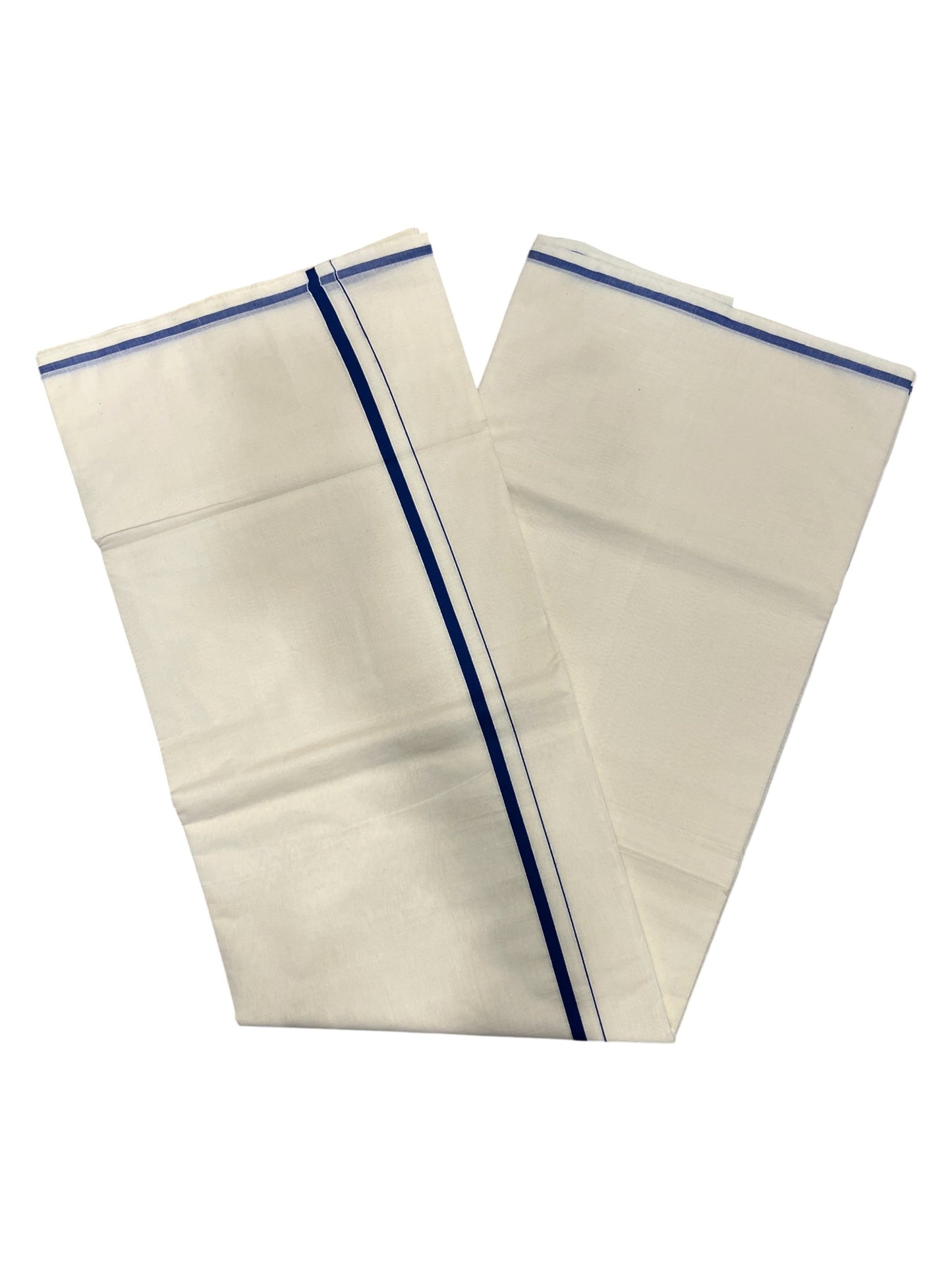 Southloom Kerala Cotton Plain Saree with Blue Puliyilakkara Border