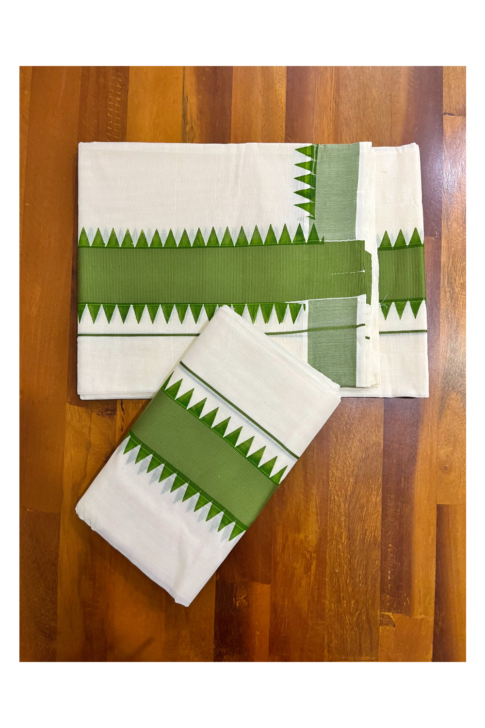 Kerala Pure Cotton Set Mundu Single (Mundum Neriyathum) with Light Green Temple Border - 2.80Mtrs