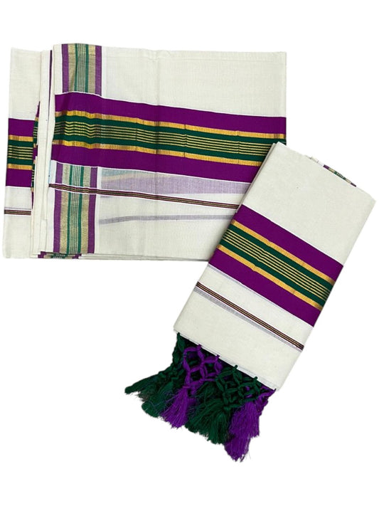 Southloom Kerala Cotton Kasavu Single Set Mundu (Mundum Neriyathum) with Magenta and Green Border SLKK SL518