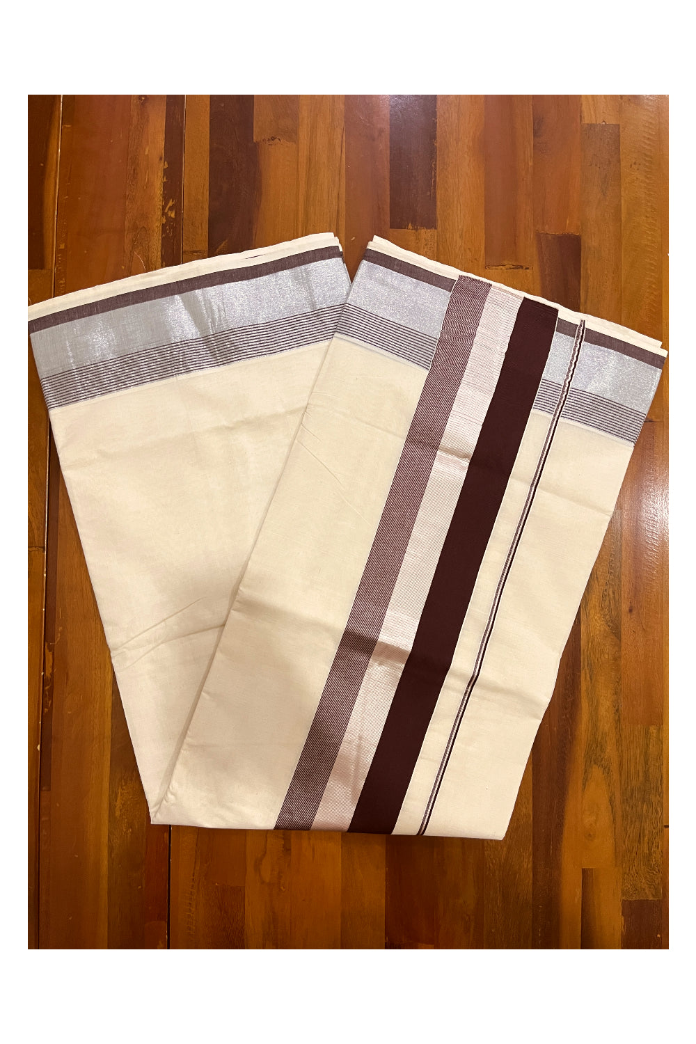 Kerala Pure Cotton Plain Saree with Silver Kasavu and Brown Border