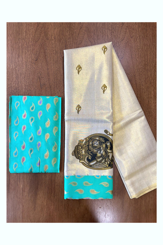 Kerala Tissue Block Printed Pavada and Turquoise Designer Blouse Material for Kids/Girls 4.3 Meters