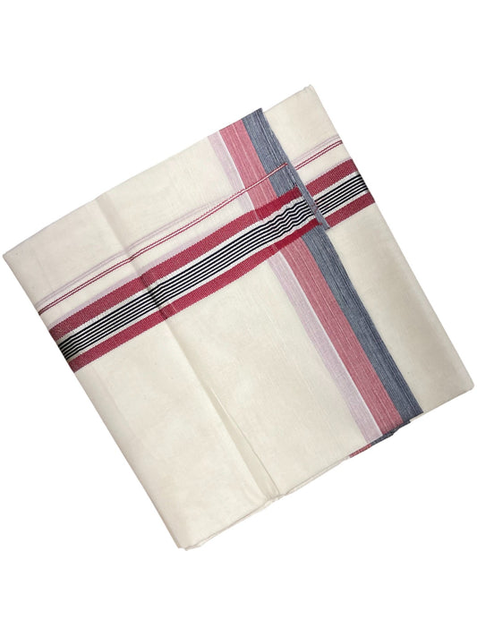 Southloom Kerala Pure Cotton Double Mundu with Grey And Maroon Silver Lines Border (South Indian Dhoti)