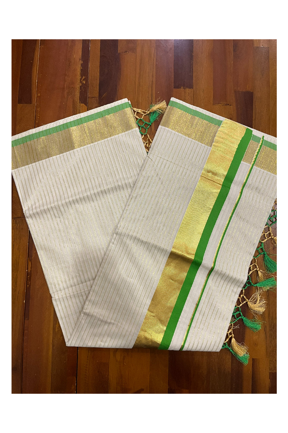 Pure Cotton Kerala Kasavu Lines Design Saree with Light Green Border and Tassels Work (Onam Saree 2023)