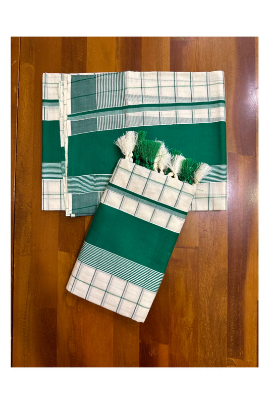 Pure Cotton Kerala Single Set Mundu (Mundum Neriyathum) with Green Check Designs on Body 2.80 Mtrs (Onam Collection 2024)