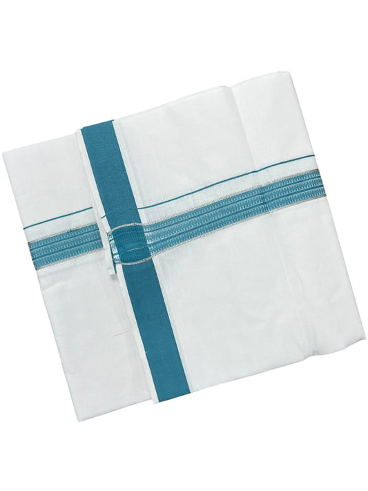 Southloom Pure White Cotton Mundu with Silver Line & Blue Border (South Indian Kerala Dhoti)