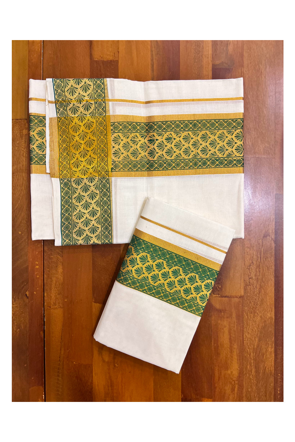 Kerala Pure Cotton Set Mundu Single (Mundum Neriyathum) with Green Block Prints on Kasavu Border