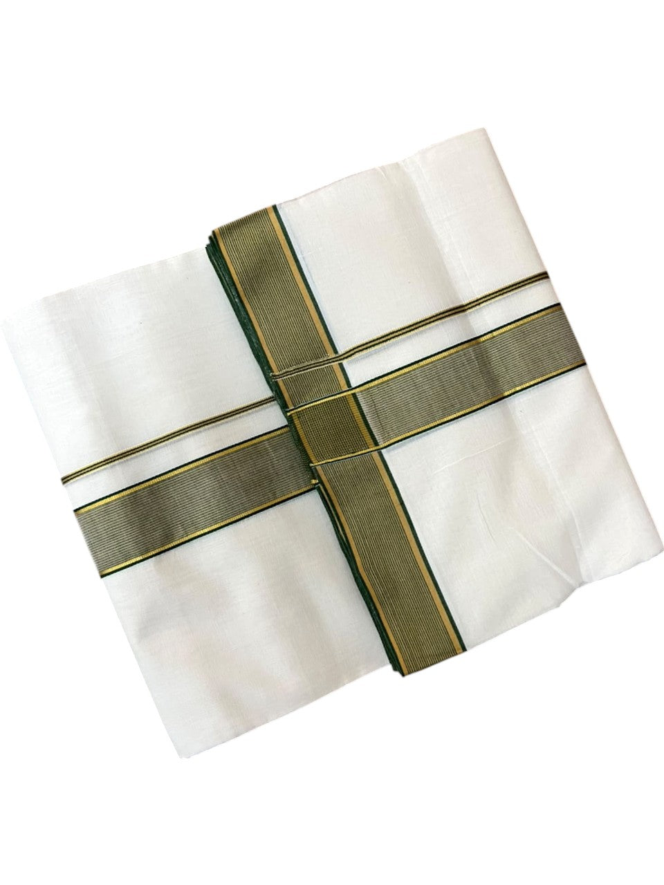Southloom Balaramapuram Unakkupaavu Premium Handloom Cotton Double Mundu with Gold Kasavu and Green Border