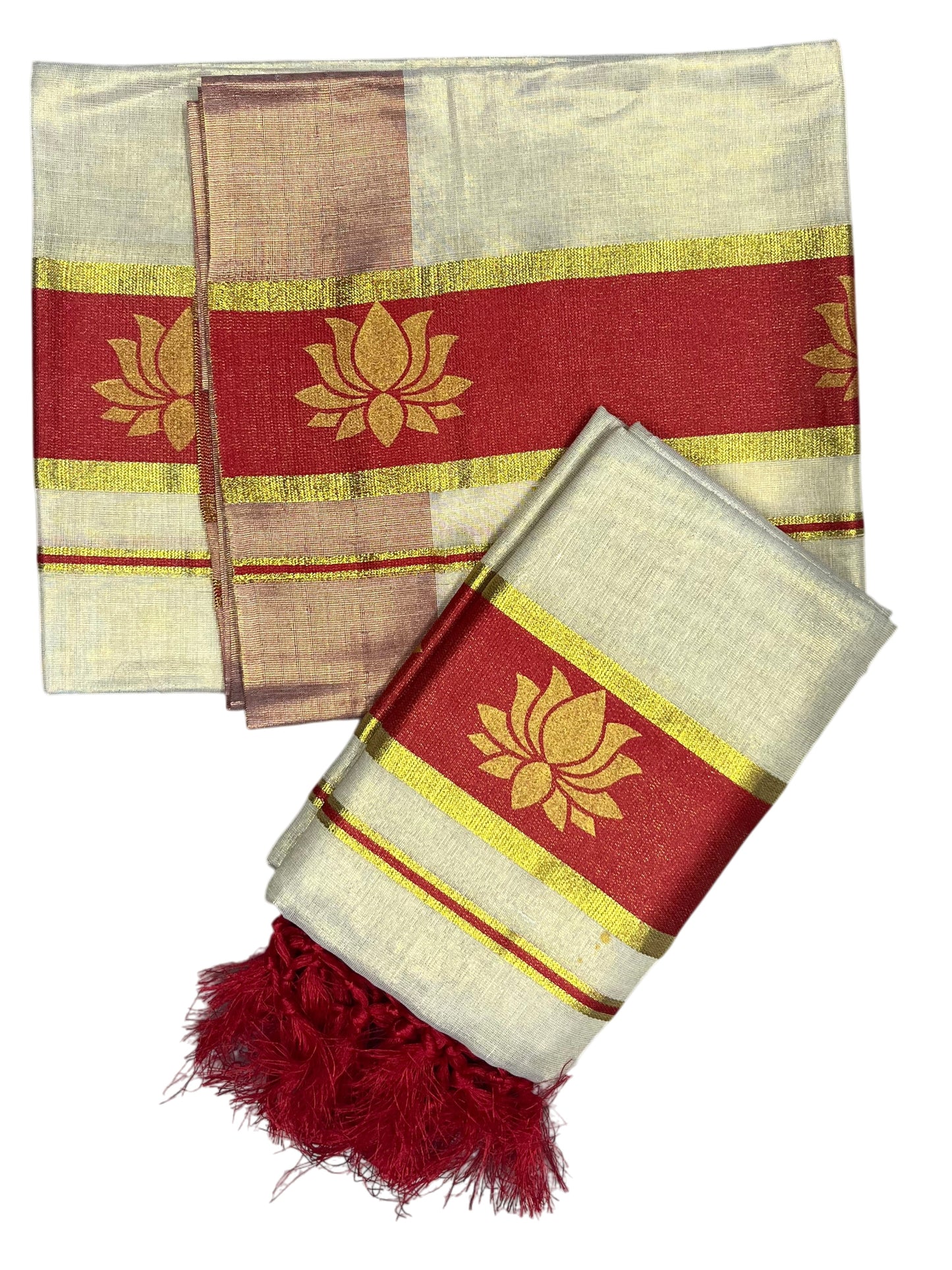 Southloom Kerala Cotton Kasavu Single Set Mundu (Mundum Neriyathum) with Lotus Design in Red