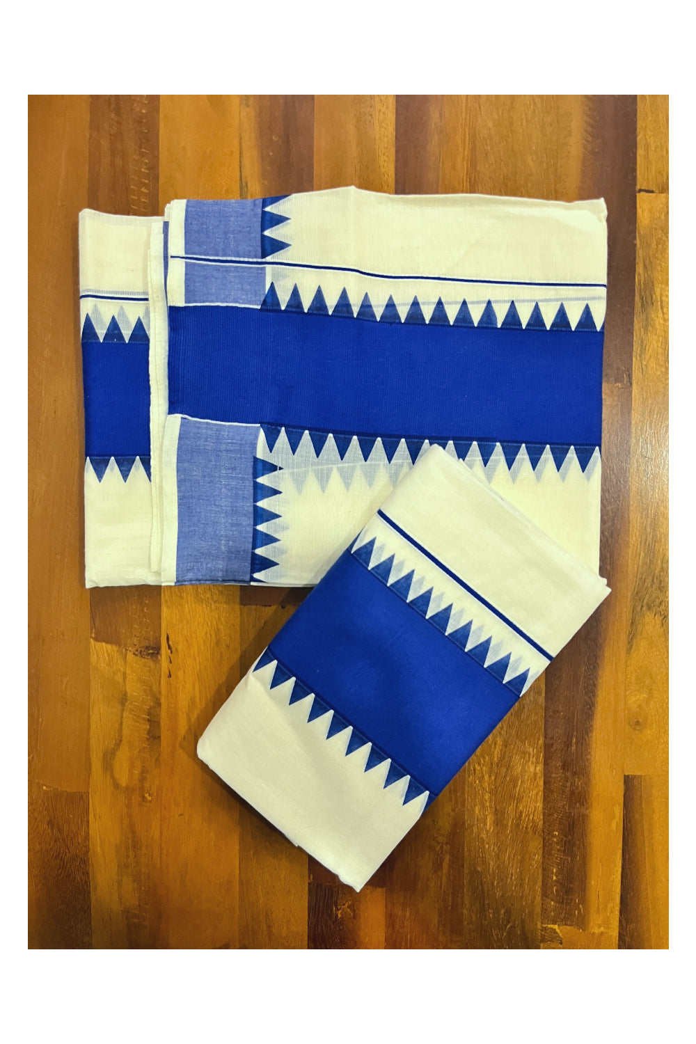 Kerala Pure Cotton Set Mundu Single (Mundum Neriyathum) with Blue Temple Border 2.80 Mtrs