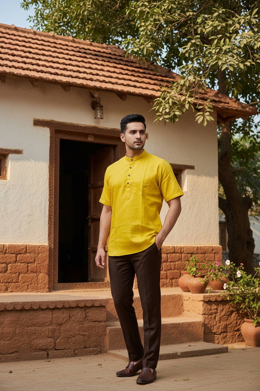 Southloom Yellow Short Cotton Kurta Shirt for Men