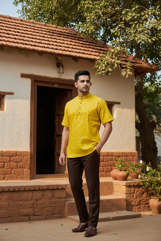 Southloom Yellow Short Cotton Kurta Shirt for Men