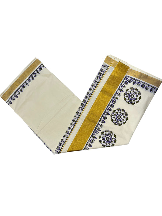 Southloom Cotton Kerala Kasavu Saree with Green and Violet Block Prints On Border